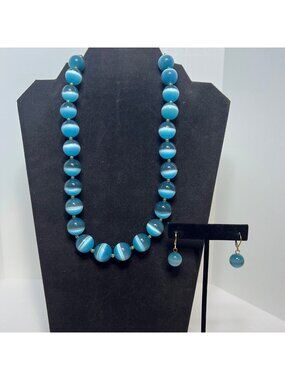 Blue Cats Eye Beaded Necklace W/ Gold Tone Accents And Pierced Earrings (6394)